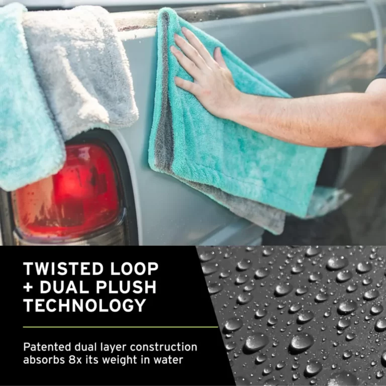 Microfiber towel for Car Washing is shown that absorbs 8x water of its weight