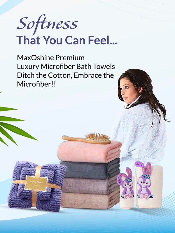 Maxoshine's Luxury and Premium Microfiber Bath Towels with a woman wrapped in towel