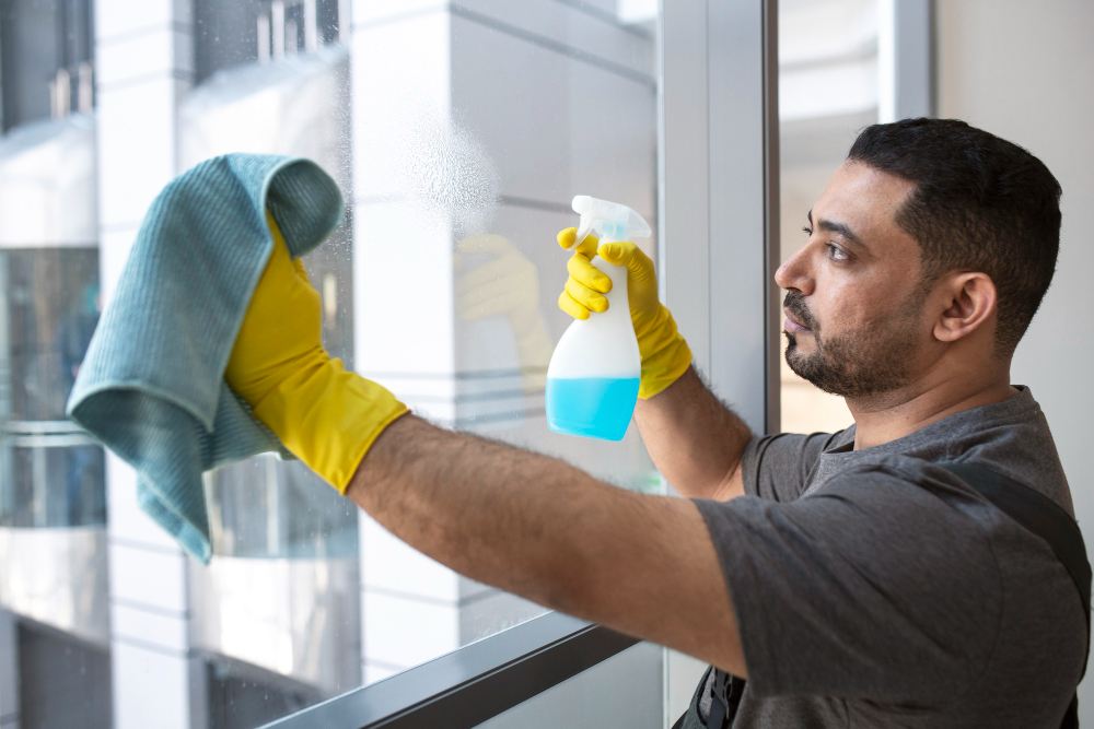 a man cleaning glass with giving tips for using microfiber cloths effectively